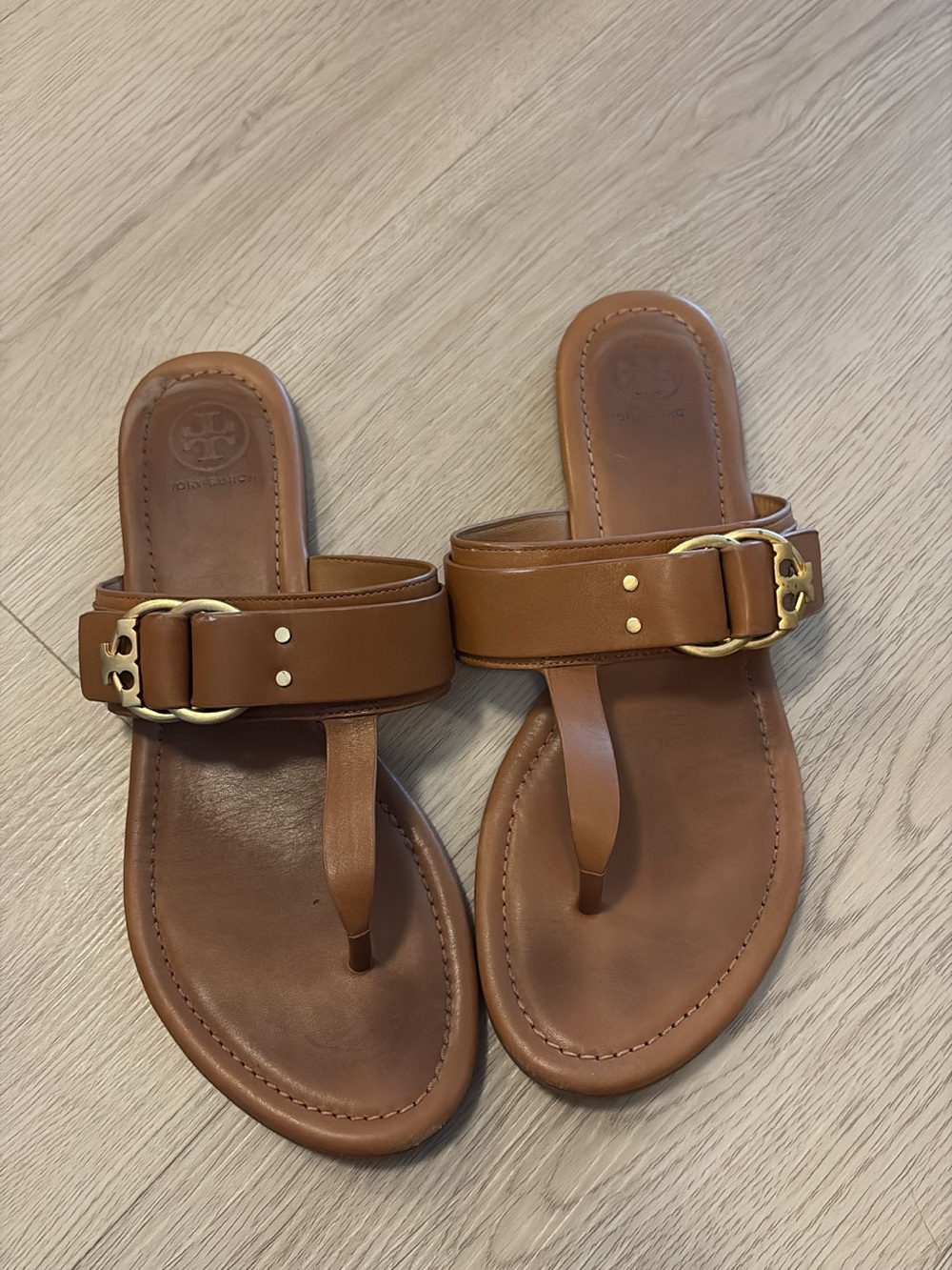 Women's Brown Leather Slide Sandals with Gold Buckle